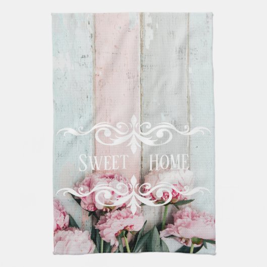 Hübsches rustikales Holz Rosa Blau Farbe Blüte Geschirrtuch (Vertikal)