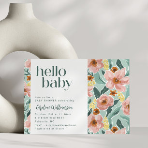 Hübsches Salbeigrün Rosa Florales Hallo Baby Showe Einladung