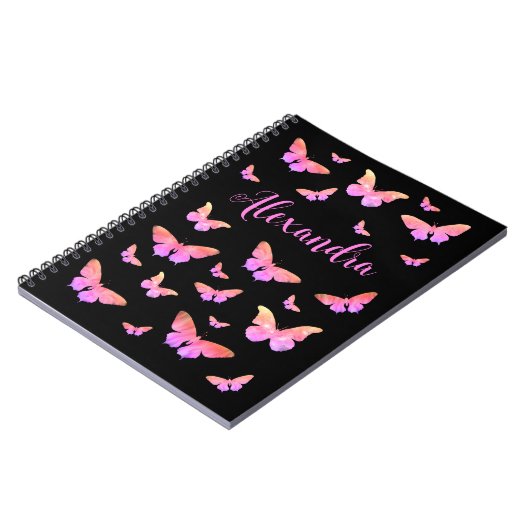Hübsches Schmetterlingsmuster Rosa Schwarzer Name Notizblock (Linke Seite)
