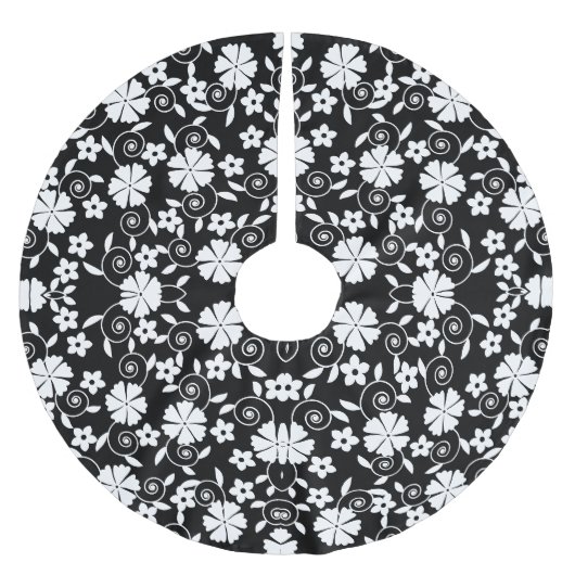 Hübsches Schwarz-Weiß-Blumenmuster Polyester Weihnachtsbaumdecke (Vorderseite)