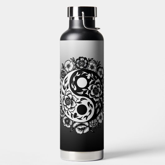 Hübsches Schwarz-Weiß-Blüten-Yin Yang Water Bottl Trinkflasche (links)