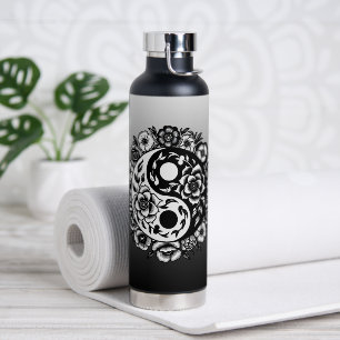 Hübsches Schwarz-Weiß-Blüten-Yin Yang Water Bottl Trinkflasche