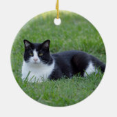 Hübsches Schwarz-Weiß-Tuxedo-Kat-Foto Keramik Ornament (Hinten)