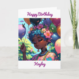 Hübsches Schwarzes Anime-Mädchen mit Geburtstagsba Karte