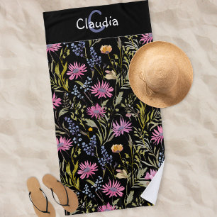 Hübsches schwarzes Blumen-Wildblumen-Muster Elegan Strandtuch