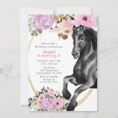 Hübsches Schwarzes Pferd mit rosa Blume Geburtstag Einladung (Vorderseite)