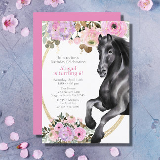 Hübsches Schwarzes Pferd mit rosa Blume Geburtstag Einladung