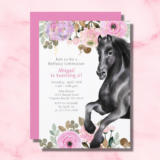Hübsches Schwarzes Pferd mit rosa Blume Geburtstag Einladung
