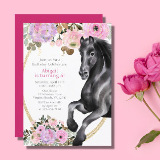 Hübsches Schwarzes Pferd mit rosa Blume Geburtstag Einladung