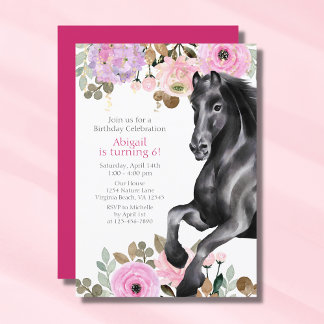 Hübsches Schwarzes Pferd mit rosa Blume Geburtstag Einladung