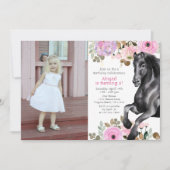 Hübsches Schwarzes Pferd und rosa Blume Foto Gebur Einladung (Vorderseite)