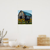 Hübsches Schwarzes Pferd und rustikaler Stall mit Poster (Küche)