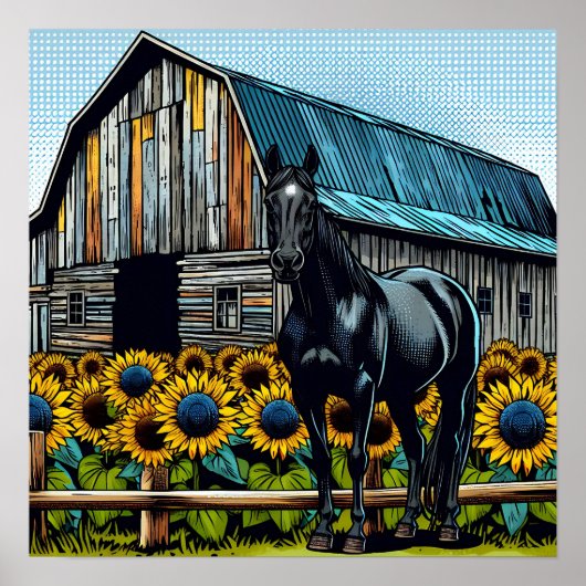 Hübsches Schwarzes Pferd und rustikaler Stall mit Poster (Vorne)