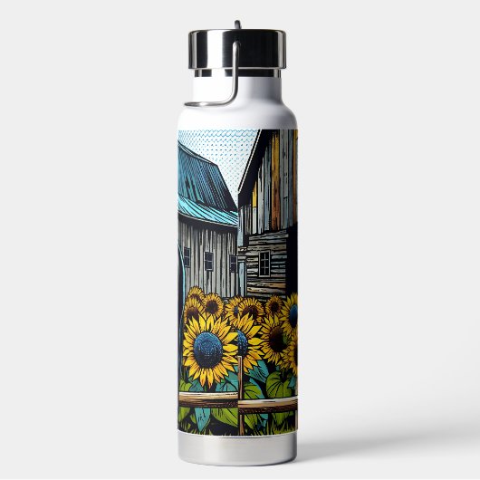 Hübsches Schwarzes Pferd und rustikaler Stall mit  Trinkflasche (rechts)