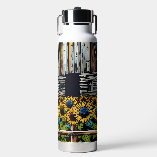 Hübsches Schwarzes Pferd und rustikaler Stall mit Trinkflasche (Vorderseite)