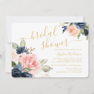 Hübsches Script Erröten Navy Gold Floral Braut Dus Einladung
