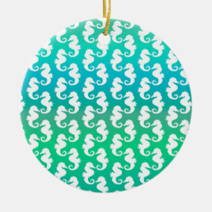 Hübsches Seepferdchen-Muster auf Blau Grün Keramik Ornament