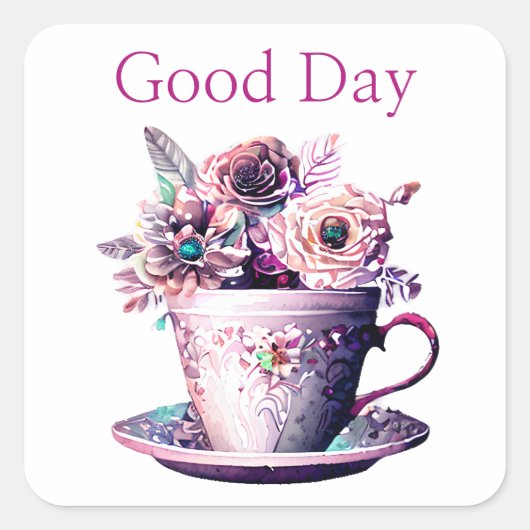 Hübsches Shabby Chic Viktorianisch Teacup Tea Time Quadratischer Aufkleber (Vorderseite)