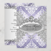 Hübsches Silber Lila Damask & Tiara Quinceanera Einladung (Vorne/Hinten)