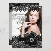 Hübsches Silver Black Lace Foto Sweet 16 Einladung (Vorne/Hinten)