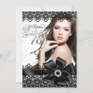 Hübsches Silver Black Lace Foto Sweet 16 Einladung