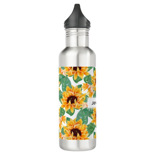 Hübsches Sonnenblumenmuster Gelb & Grün Edelstahlflasche (Links)