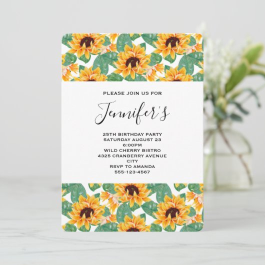 Hübsches Sonnenblumenmuster Gelb & Grün Geburtstag Einladung (Stehend Vorderseite)