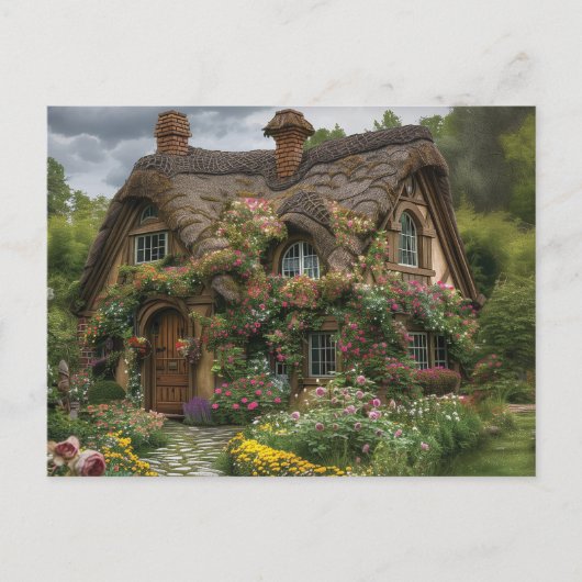 Hübsches Strohhaus mit Pflanze und Blume Postkarte (Vorderseite)