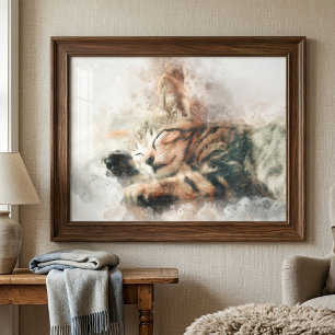 Hübsches und süßes Kätzchen schlafend Aquarell Fotodruck
