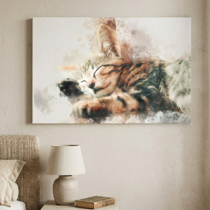 Hübsches und süßes Kätzchen schlafend Aquarell Leinwanddruck