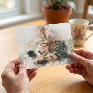 Hübsches und süßes Kätzchen schlafend Aquarell Postkarte