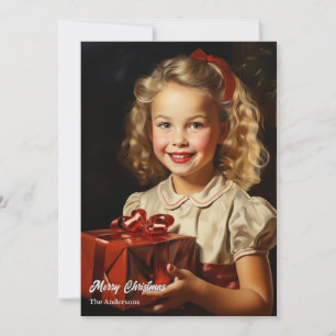 Hübsches, vintage blondes Mädchen mit Weihnachtsge Feiertagskarte