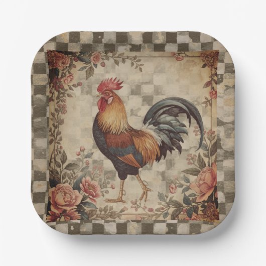 Hübsches Vintage-Hahn-und-Blumen-Muster Pappteller (Vorderseite)