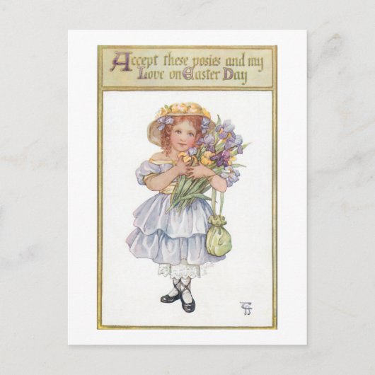 Hübsches Vintages Mädchen mit OsterBlume Postkarte (Vorderseite)