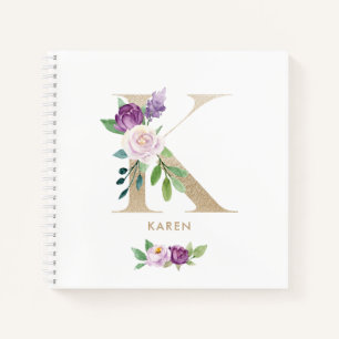 Hübsches Violet-Floral-Gold-Fotolack K Monogramm Notizblock