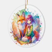 Hübsches Wasserfarben-Anime-Girl und Fox Weihnacht Keramik Ornament (Links)