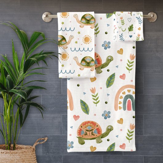 Hübsches Wasserfarbenschildkröten- und Regenbogenm Badhandtuch Set