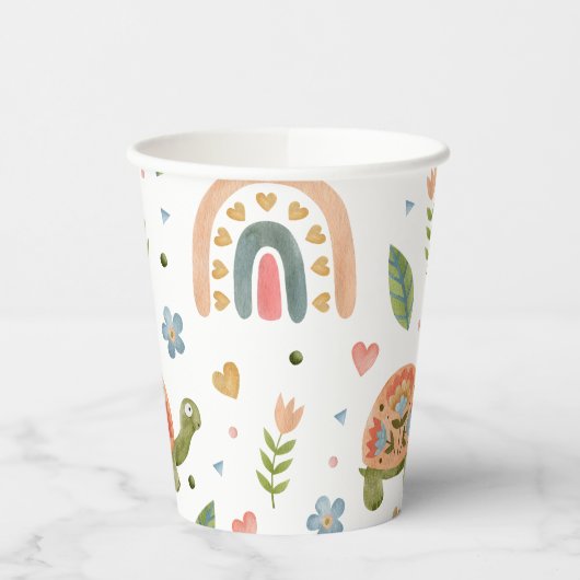 Hübsches Wasserfarbenschildkröten- und Regenbogenm Pappbecher (Links)