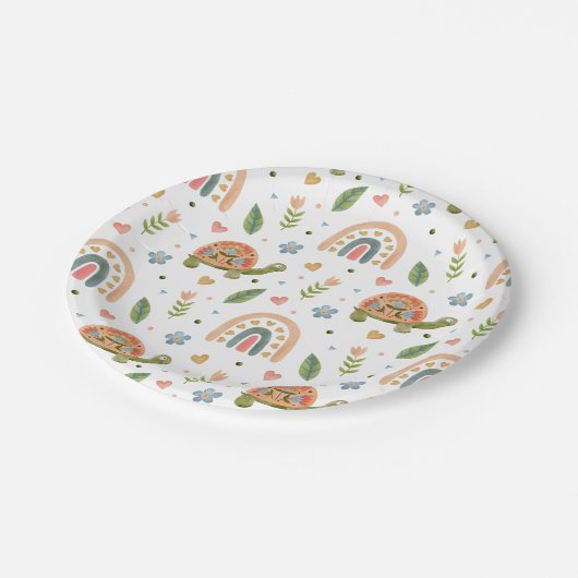 Hübsches Wasserfarbenschildkröten- und Regenbogenm Pappteller (Schrägansicht)