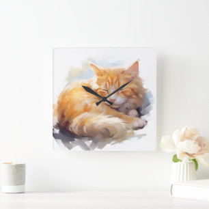 HÜBSCHES WASSERFARBSCHLAFEN ORANGE TABBY CAT QUADRATISCHE WANDUHR