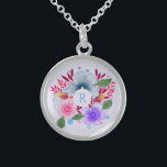 Hübsches Watercolor-Blumenblumenstrauß-Monogramm Sterling Silberkette<br><div class="desc">Hübsche personalisierte Halskette mit Watercolor Blumenart.</div>