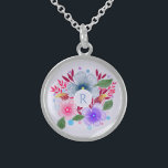 Hübsches Watercolor-Blumenblumenstrauß-Monogramm Sterling Silberkette<br><div class="desc">Hübsche personalisierte Halskette mit Watercolor Blumenart.</div>