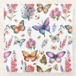 Hübsches Watercolor Butterfly Blumengarten Muster Glasuntersetzer