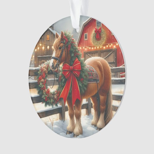 Hübsches Weihnachtspferd auf einem festlichen Baue Ornament (Vorderseite)