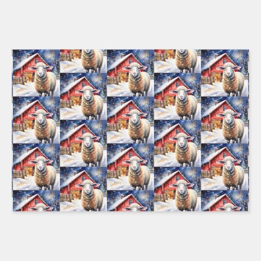 Hübsches Weihnachtsschaf und rustikaler Stall Geschenkpapier Set (Vorderseite 3)