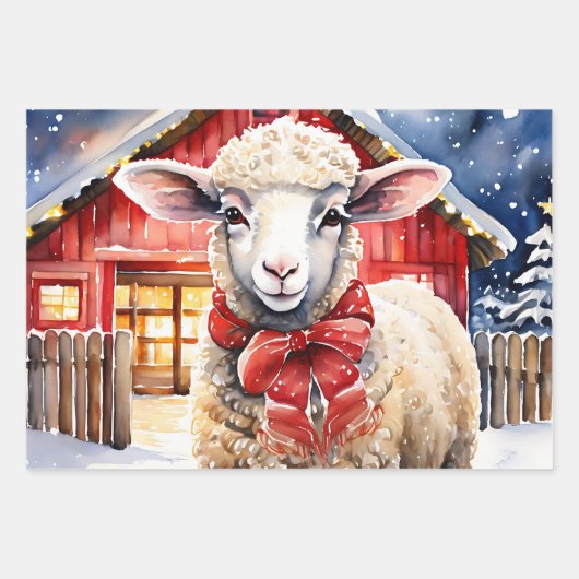 Hübsches Weihnachtsschaf und rustikaler Stall Geschenkpapier Set (Vorderseite)