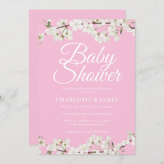 Hübsches weißes Blossom Paare Kinderdusche/Sprinkl Einladung (Vorne/Hinten)