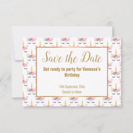 Hübsches Weißes Einhorn SAVE THE DATE Ankündigung (Vorderseite)