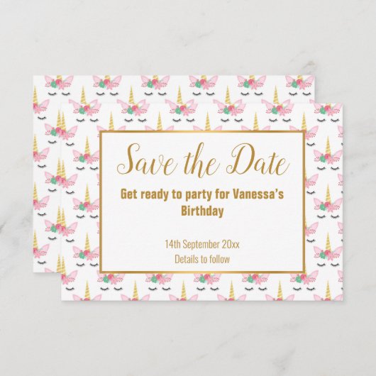 Hübsches Weißes Einhorn SAVE THE DATE Ankündigung (Vorne/Hinten)