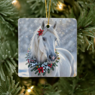 Hübsches Weißes Pferd mit Weihnachtsfeiertag im Kr Keramikornament